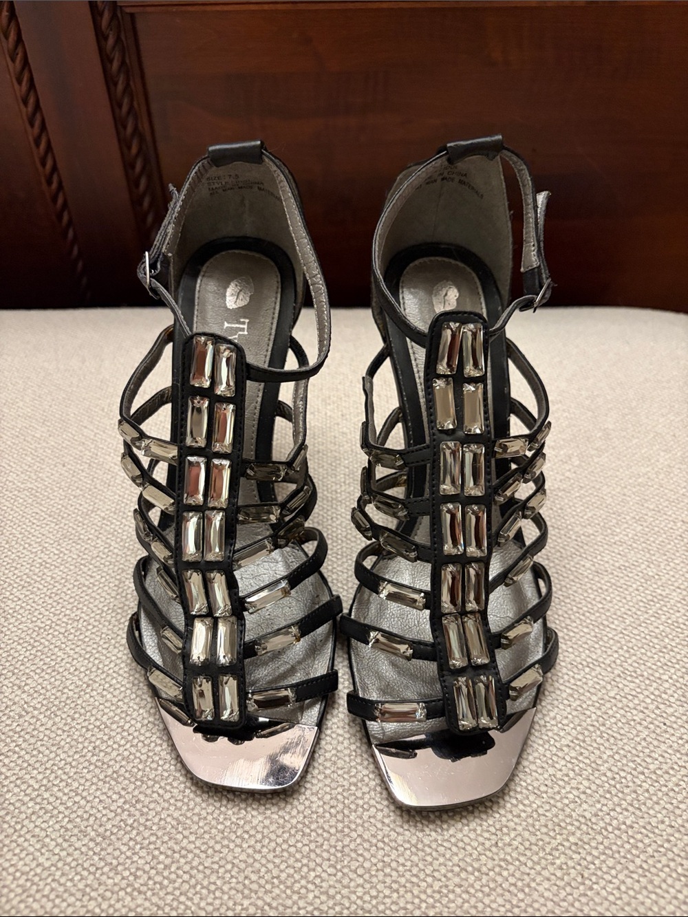 NWOT Two Lips Black Strappy Jewel-Detail Heels